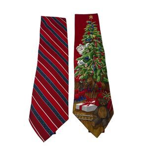 Men's Necktie Lot of 2 Christmas‎ Themed Ties Red Green Tree Gifts 100% Silk
